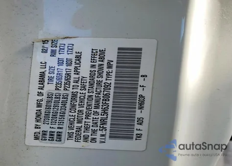 2015 Honda Odyssey Exl из США, поврежденный, VIN 5FNRL5H63FB067092